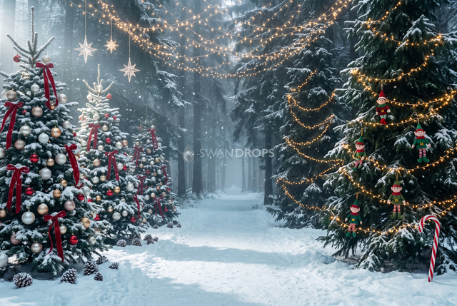 Fond photo Choeur des elfes de la collection Noël 2026 extérieur - vert sapin, or chaud, blanc neige - portrait enfant Noël