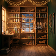 Fond photo Veille du bois de la collection Noël 2026 Maison du père noël V2 - vert sapin, chêne mielé, ivoire - séance enfant narrative
