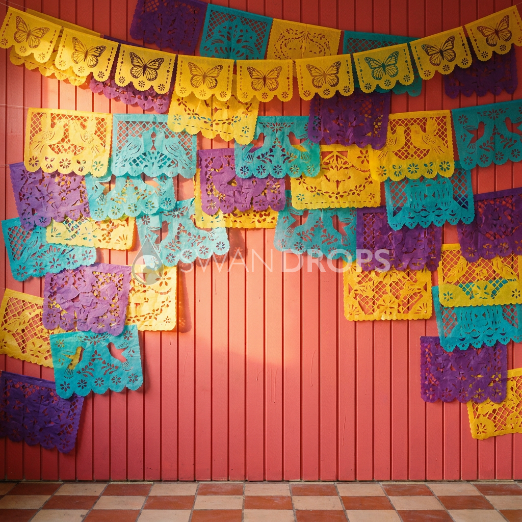 Fond photo L'atelier de couleurs de la collection Halloween Mexique - corail, papel picado jaune turquoise - portrait enfant créatif