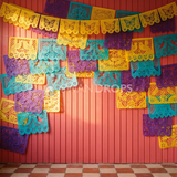 Fond photo L'atelier de couleurs de la collection Halloween Mexique - corail, papel picado jaune turquoise - portrait enfant créatif