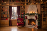Fond photo Flammes et cuir de la collection Noël intérieur traditionnel - chêne, rouge rubis, or terni - séance famille portrait enfant