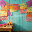 Fond photo Danse du papier découpé de la collection Halloween Mexique - turquoise, papel picado coloré - portrait enfant créatif