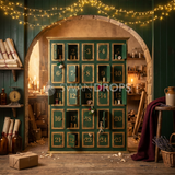 Fond photo Numerotage dore de la collection Noël 2026 Maison du père noël V2 - vert sapin, or terni, bordeaux - portrait famille calendrier de l'avent