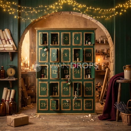 Fond photo Numerotage dore de la collection Noël 2026 Maison du père noël V2 - vert sapin, or terni, bordeaux - portrait famille calendrier de l'avent