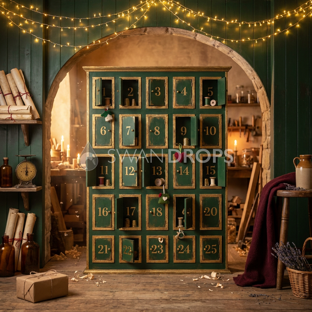 Fond photo Numerotage dore de la collection Noël 2026 Maison du père noël V2 - vert sapin, or terni, bordeaux - portrait famille calendrier de l'avent