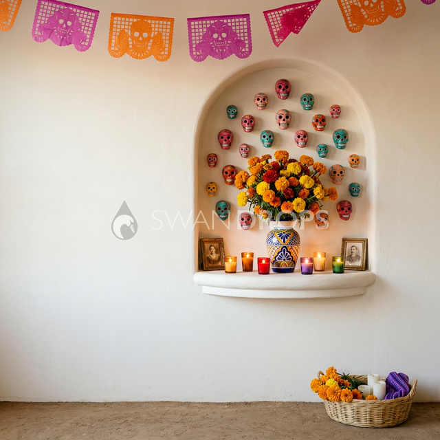 Fond photo Murmure des céramiques de la collection Halloween Mexique - blanc cassé, grande niche arquée - portrait enfant Halloween