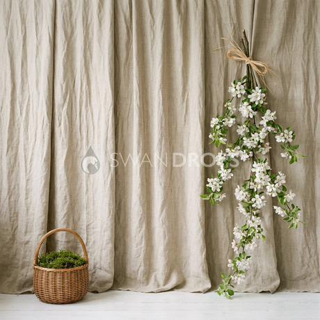 Fond photo Lin nature plis denses branche droite longue de la collection Printemps Champêtre 2026 - lin naturel texturé, branche longue - séance grossesse intimiste