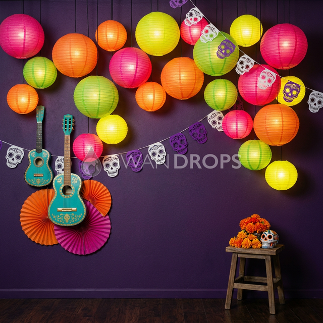 Fond photo Noche de los faroles de la collection Halloween Mexique - violet prune, lampions multicolores - portrait enfant thème Coco