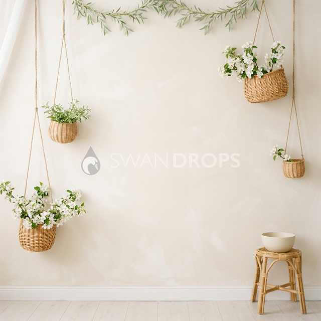 Fond photo Paniers suspendus multiples de la collection Printemps Champêtre 2026 - crème, osier naturel, paniers fleuris - séance maternité et nouveau-né
