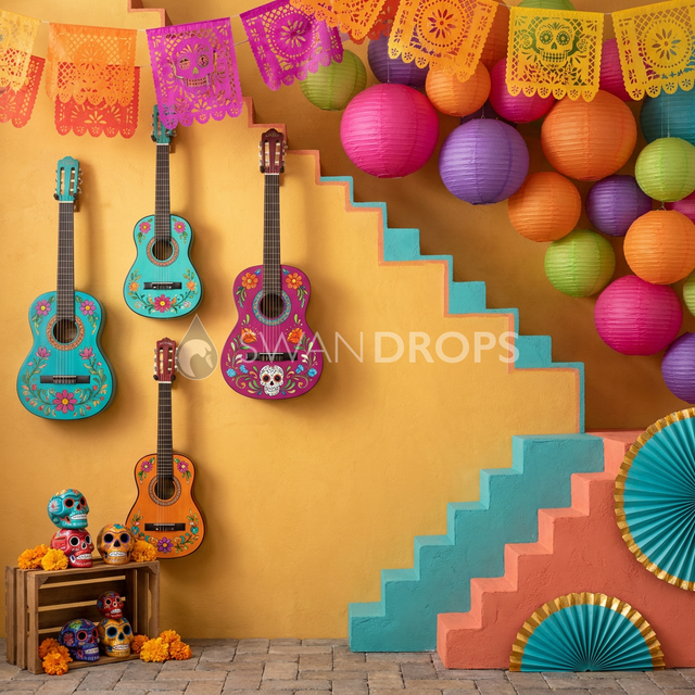 Fond photo Fiesta de la guitarra de la collection Halloween Mexique - jaune d'or, guitares, lampions - portrait famille Coco