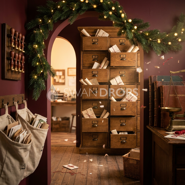 Fond photo Cachets et rêves de la collection Noël 2026 Maison du père noël V2 - bordeaux, laiton terni, vert sapin - séance nouveau-né portrait Noël