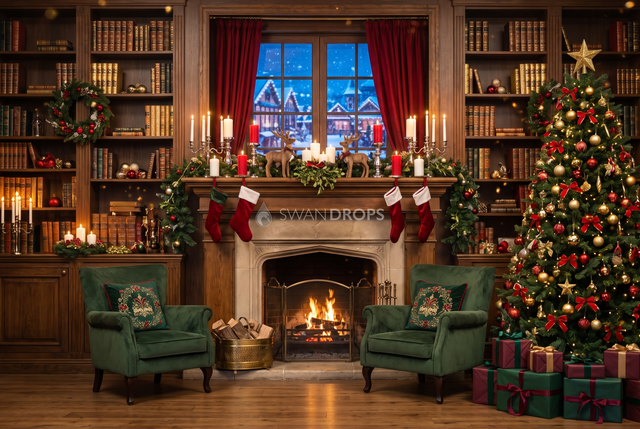 Fond photo Lueur de gui de la collection Noël intérieur traditionnel - pierre de taille, velours vert, lumière dorée - séance nouveau-né portrait enfant