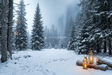 Fond photo Havre boréal de la collection Noël 2026 extérieur - sapins denses, lanternes ambrées, brume asymétrique - séance famille coordonnée
