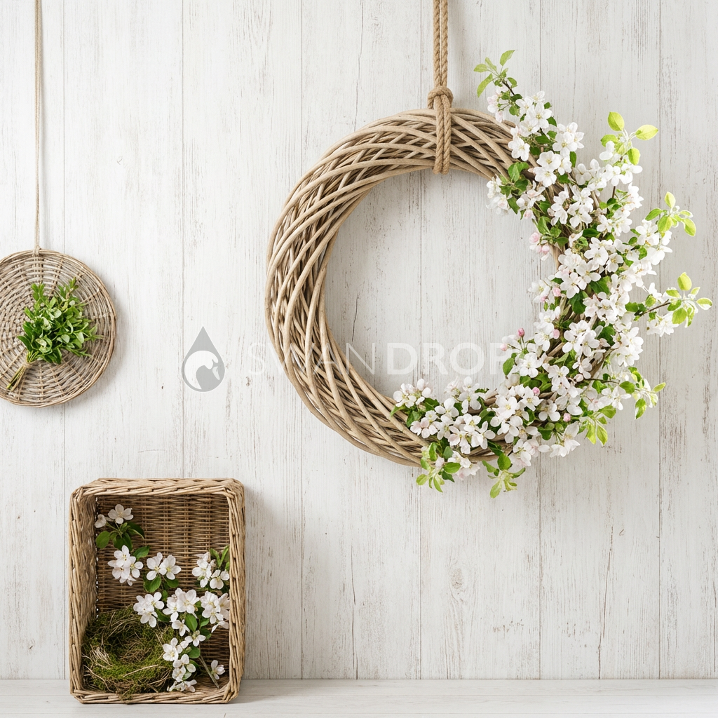 Fond photo Couronne osier dense fleurie de la collection Printemps Champêtre 2026 - beige-miel, couronne osier fleurie - séance maternité et nouveau-né