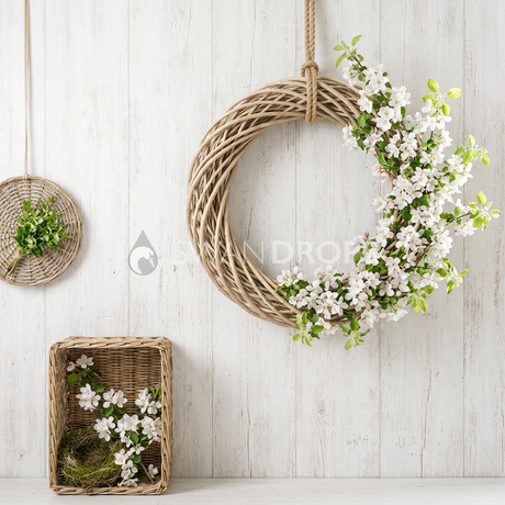 Fond photo Couronne osier dense fleurie de la collection Printemps Champêtre 2026 - beige-miel, couronne osier fleurie - séance maternité et nouveau-né
