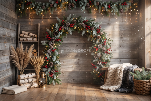 Fond photo Veille de l'hiver de la collection Arches Noël 2026 - lambris gris, sapin et eucalyptus - séance grossesse intimiste hivernale