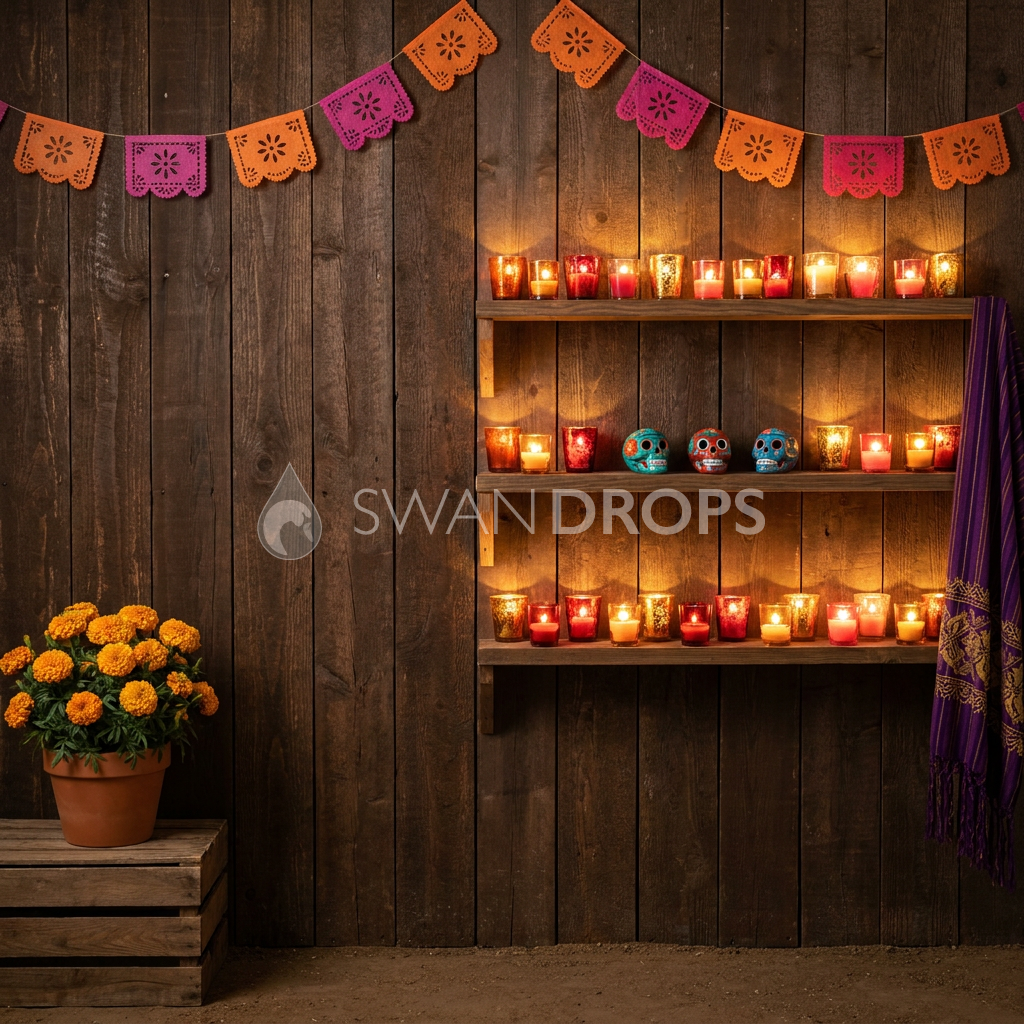 Fond photo Souffle doré du soir de la collection Halloween Mexique - bois chocolat, bougies orange et rubis - séance Halloween boudoir
