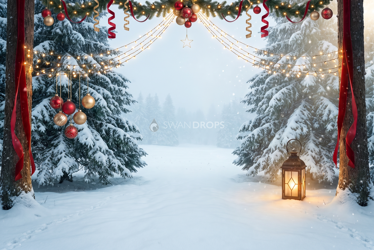 Fond photo Halo du soir de la collection Noël 2026 extérieur - guirlandes dorées, ombres bleutées - séance famille lifestyle Noël