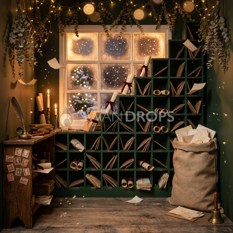 Fond photo L'attente de Noël de la collection Noël 2026 Maison du père noël V2 - vert sapin, kraft, bordeaux - séance enfant thématique Noël