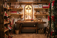 Fond photo Caisse à jouets de la collection Noël intérieur traditionnel - noyer, laiton, lumière ambrée - portrait enfant atelier festif