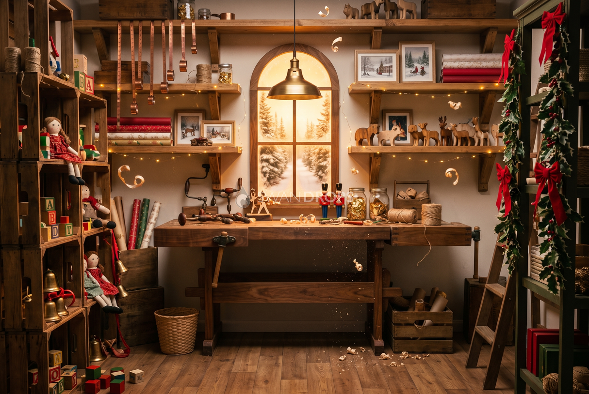 Fond photo Caisse à jouets de la collection Noël intérieur traditionnel - noyer, laiton, lumière ambrée - portrait enfant atelier festif