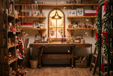 Fond photo Caisse à jouets de la collection Noël intérieur traditionnel - noyer, laiton, lumière ambrée - portrait enfant atelier festif