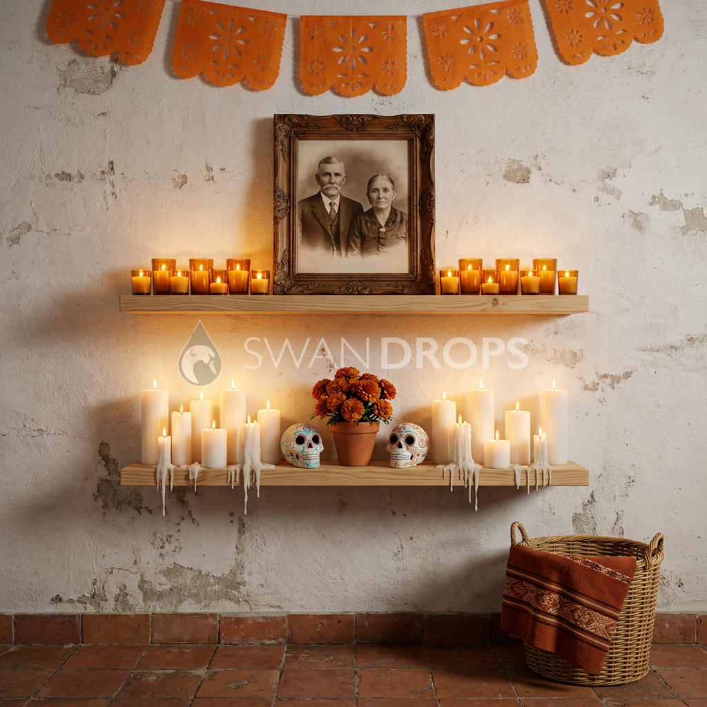 Fond photo Écho des bougies de la collection Halloween Mexique - plâtre blanchi, bougies, ambre - portrait Halloween intimiste