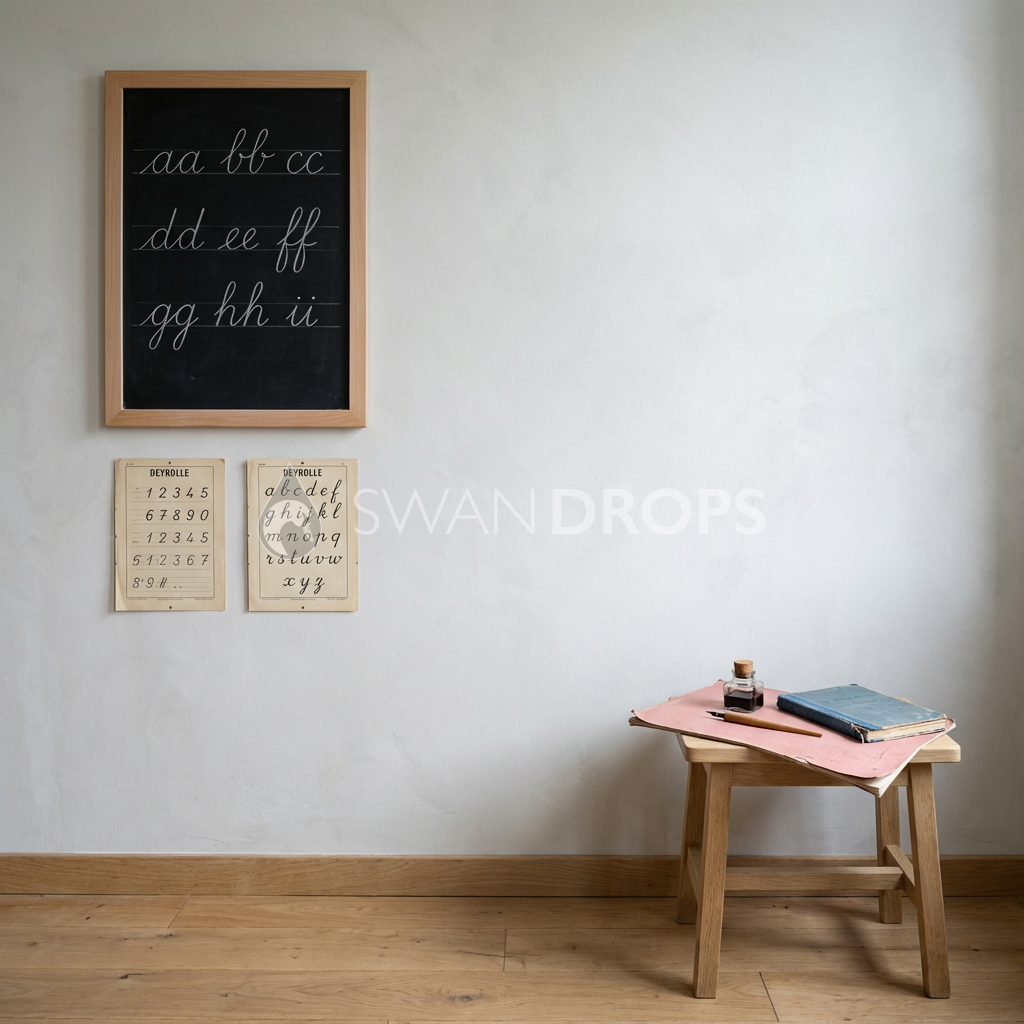 Fond photo Atelier minimal buvard rose droit de la collection Rentrée scolaire 2026 - plâtre chaux, hêtre clair, neutres doux - portrait enfant calligraphie