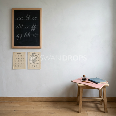Fond photo Atelier minimal buvard rose droit de la collection Rentrée scolaire 2026 - plâtre chaux, hêtre clair, neutres doux - portrait enfant calligraphie