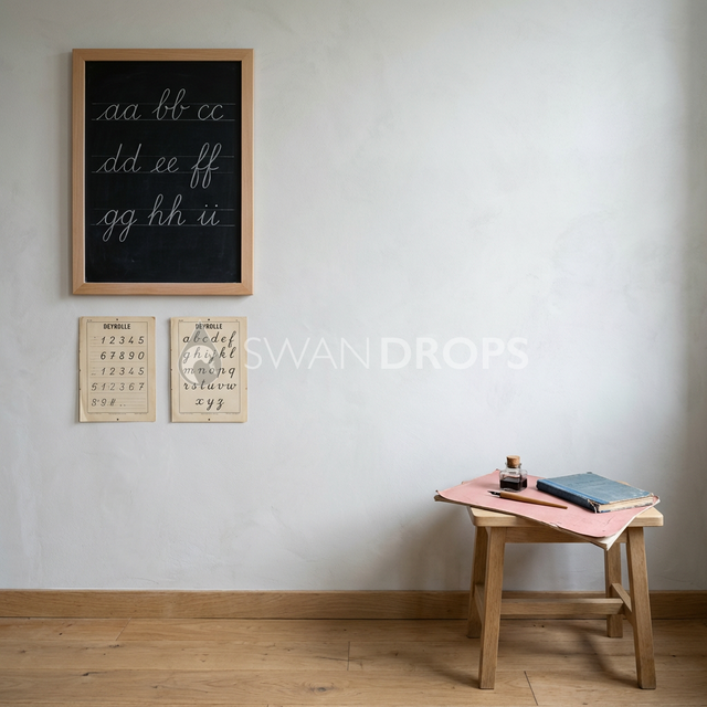 Fond photo Atelier minimal buvard rose droit de la collection Rentrée scolaire 2026 - plâtre chaux, hêtre clair, neutres doux - portrait enfant calligraphie