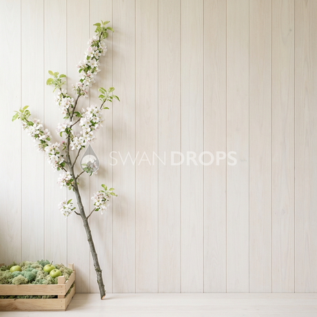 Fond photo Verger minimaliste branche unique gauche de la collection Printemps Champêtre 2026 - bois blanchi épuré, branche fleurie - séance maternité nouveau-né