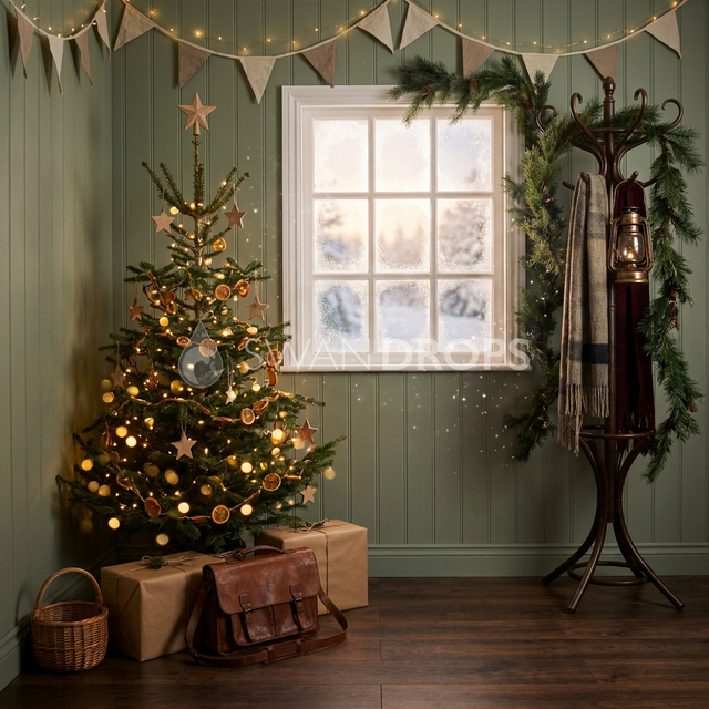 Fond photo Promesse de l'aube de la collection Noël 2026 Maison du père noël V2 - vert sauge, ambre doux - séance newborn portrait enfant Noël