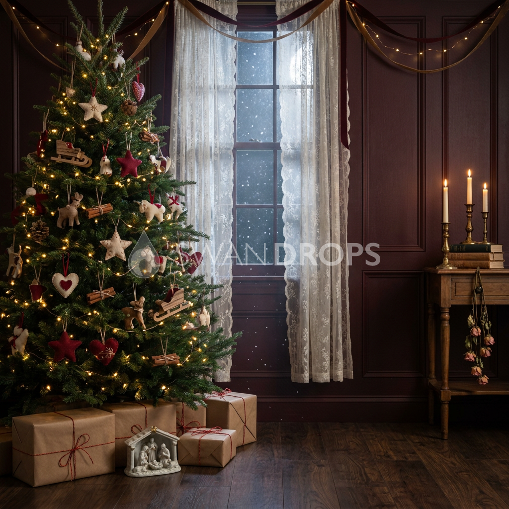 Fond photo Douceur de minuit de la collection Noël 2026 Maison du père noël V2 - bordeaux profond, crème ivoire - séance newborn portrait Noël