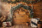 Fond photo Bouleau et braise de la collection Arches Noël 2026 - lambris miel, branches bouleau - séance famille Noël cocooning