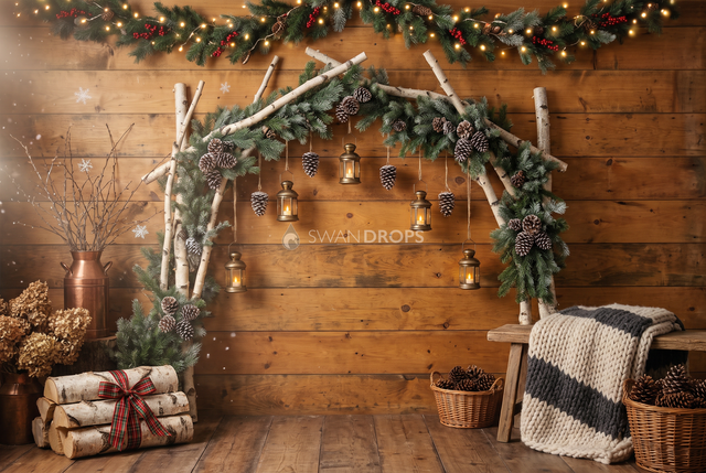 Fond photo Bouleau et braise de la collection Arches Noël 2026 - lambris miel, branches bouleau - séance famille Noël cocooning
