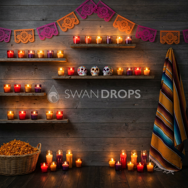 Fond photo L'offrande nocturne de la collection Halloween Mexique - bois gris charbon, bougies ambre et vermillon - séance Halloween maternité