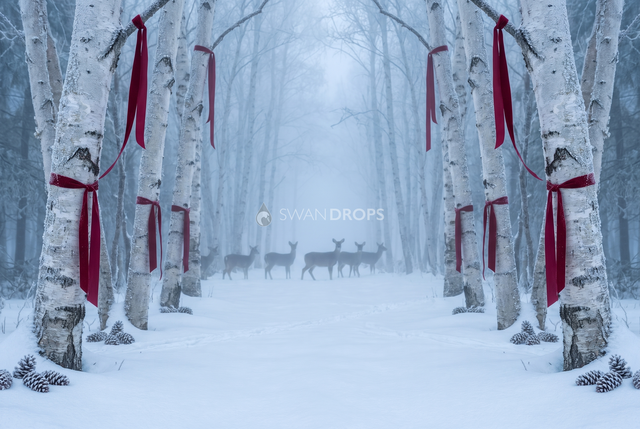 Fond photo Bouleau et brume de la collection Noël 2026 extérieur - bouleaux, brume, tons glace - séance nouveau-né Noël