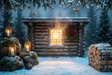 Fond photo Fenêtre dorée de la collection Noël 2026 extérieur - rondins moussus, fenêtre lumineuse - séance famille Noël nordique
