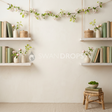 Fond photo Bibliothèque symétrique pivoine de la collection Printemps Champêtre 2026 - crème, vert tendre, pivoines - portrait famille lifestyle