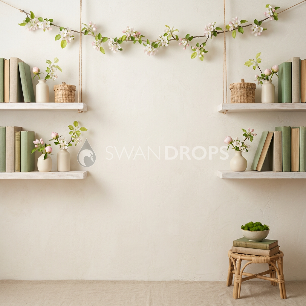 Fond photo Bibliothèque symétrique pivoine de la collection Printemps Champêtre 2026 - crème, vert tendre, pivoines - portrait famille lifestyle