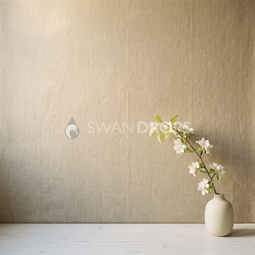 Fond photo Lin beige naturel vase droit bas de la collection Printemps Champêtre 2026 - lin beige, branche pommier - séance nouveau-né maternité