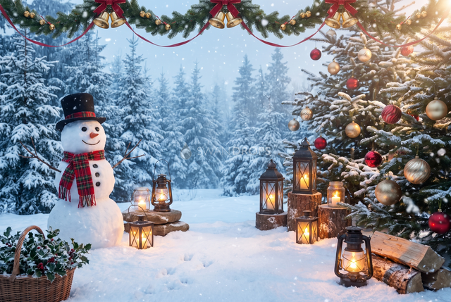 Fond photo Veille des lutins de la collection Noël 2026 extérieur - or chaud, rouge cerise, neige bleutée - séance portrait enfant famille Noël