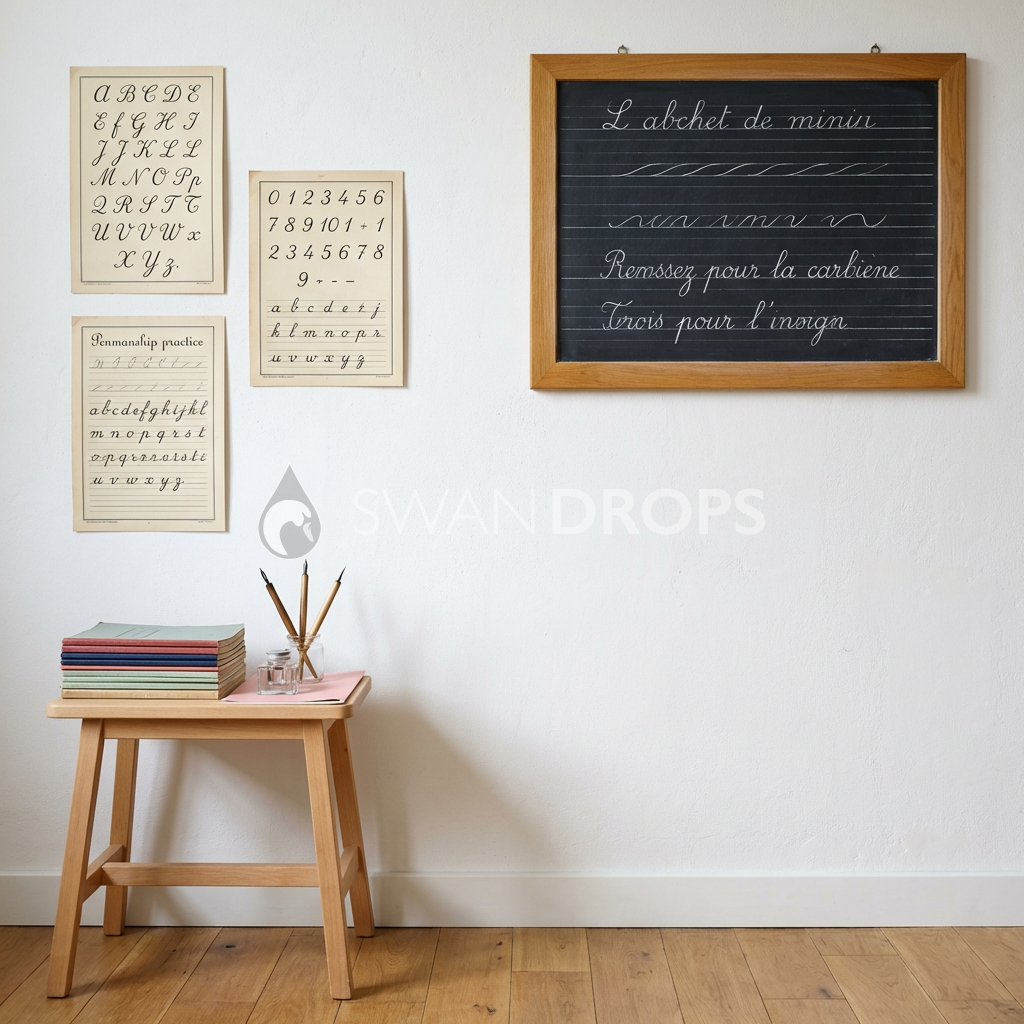 Fond photo Cursive élégante tabouret gauche de la collection Rentrée scolaire 2026 - ardoise, planches Deyrolle, blanc cassé - portrait enfant calligraphie