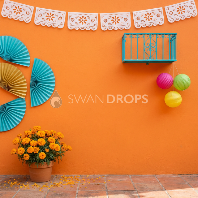Fond photo Jardin de los colores de la collection Halloween Mexique - orange, turquoise, aéré - portrait enfant Halloween