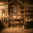 Fond photo Établi des merveilles de la collection Noël 2026 Maison du père noël V2 - bois ambré, vert sapin, lumière dorée - séance enfant narrative