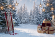 Fond photo Traîneaux de minuit de la collection Noël 2026 extérieur - or chaud, rouge cerise, neige bleutée - séance famille portrait enfant Noël