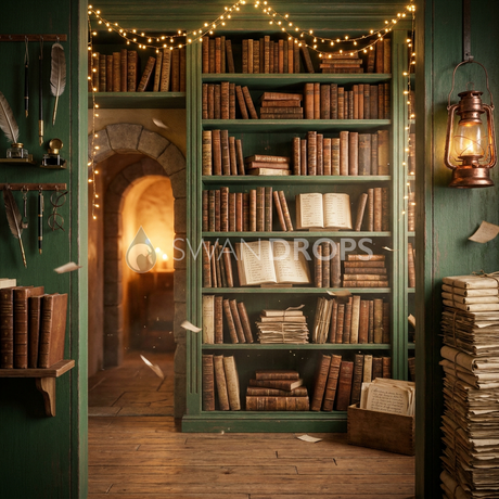 Fond photo Veille du scriptorium de la collection Noël 2026 Maison du père noël V2 - vert sapin, cuir noyer - séance famille portrait enfant écriture