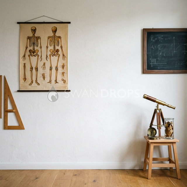 Fond photo Carte anatomie instruments laiton de la collection Rentrée scolaire 2026 - blanc chaux, sépia et laiton - portrait enfant thème sciences