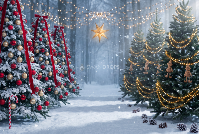 Fond photo Nef des lumieres de la collection Noël 2026 extérieur - vert sapin, or chaud, rouge cerise - séance famille Noël