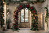 Fond photo Cour des murmures de la collection Arches Noël 2026 - pierre ancienne, verdure dense - séance famille Noël romantique